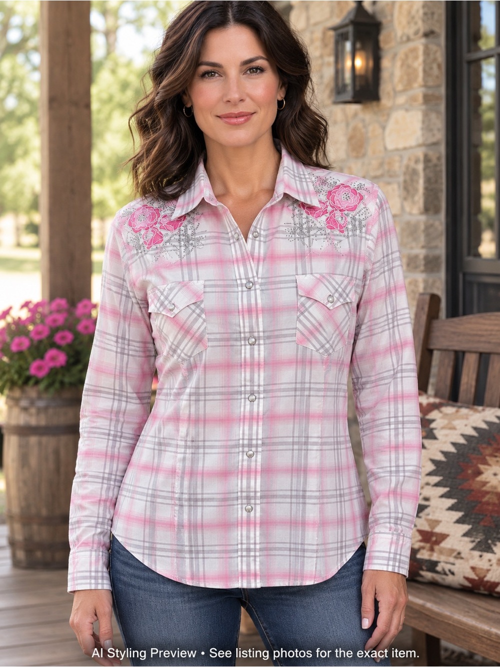 Panhandle Rough Stock Women’s M Pink Plaid Western Pearl Snap Shirt Floral Embro